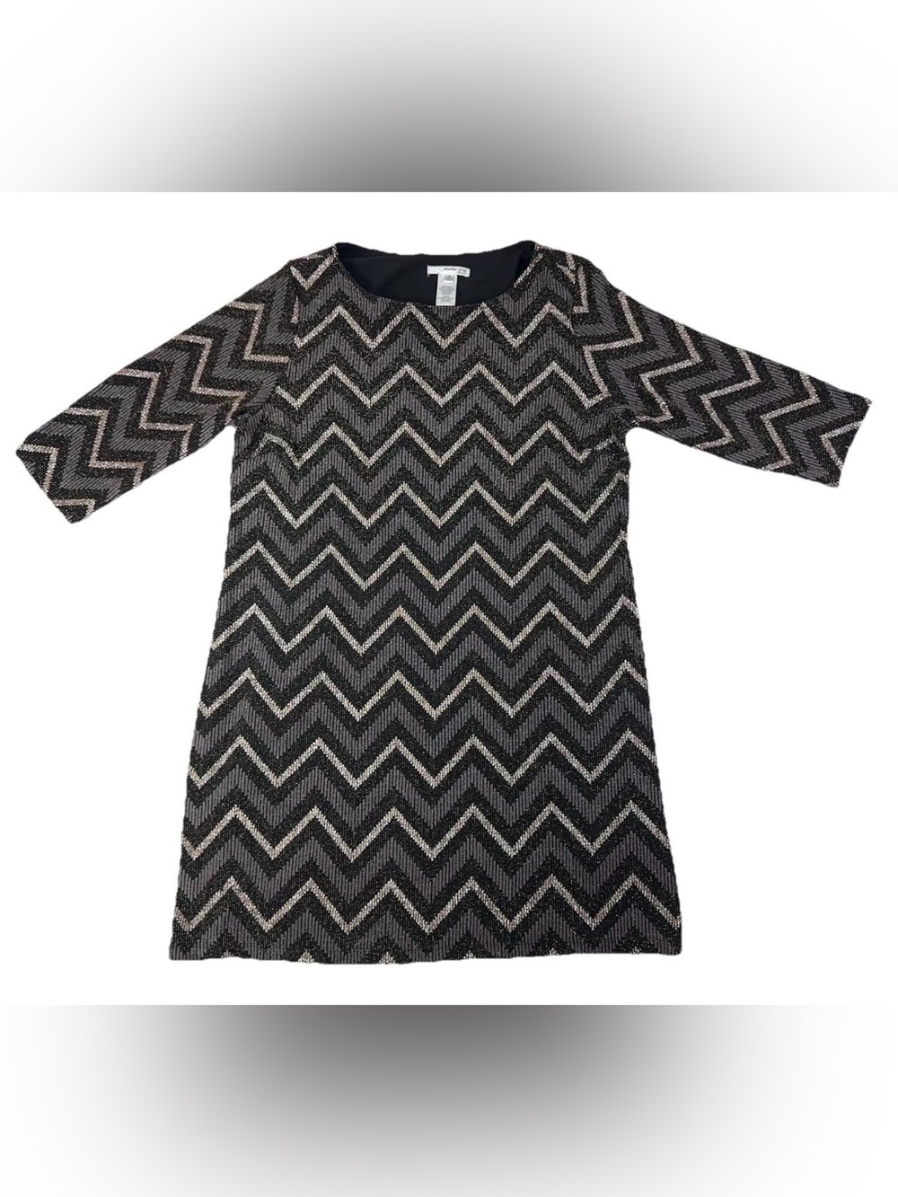 Studio One New York Metallic Chevron Shift Dress Black silver 3/4 Sleeve Size 16